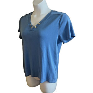 Rafaella Blue Short Sleeve Chain V Neck Top Womens Sz Large